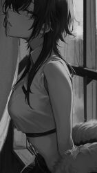 Rule 34 | 1girl, bare shoulders, black hair, collared shirt, commentary request, crop top, from side, fur trim, greyscale, hair between eyes, highres, looking to the side, monochrome, namahamu913, original, shirt, window, windowsill