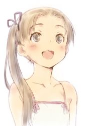 Rule 34 | 10s, 1girl, ayanami (kancolle), bare shoulders, blush, brown eyes, brown hair, collarbone, commentary request, hair ribbon, kantai collection, kawata hisashi, long hair, missing tooth, open mouth, ribbon, side ponytail, smile, solo, tooth gap