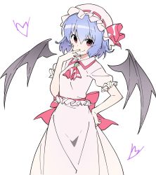 Rule 34 | ascot, bat wings, blue hair, bow, brooch, cowboy shot, doyagao, dress, frills, hand on own hip, hand on own face, hat, hat ribbon, highres, jewelry, kt kkz, mob cap, one-hour drawing challenge, pink dress, puffy short sleeves, puffy sleeves, red bow, red eyes, red ribbon, remilia scarlet, ribbon, ribbon trim, sash, short hair, short sleeves, simple background, smirk, smug, solo, touhou, white background, wings