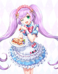 Rule 34 | 1girl, ;d, alternate costume, apron, argyle, argyle background, argyle clothes, bad id, bad pixiv id, blue dress, blueberry, blush, bow, center frills, club (shape), commentary request, detached sleeves, diamond (shape), dress, enmaided, food, frilled apron, frills, fruit, green eyes, head tilt, heart, holding, holding food, holding plate, long hair, looking at viewer, lunacle, maid, maid apron, maid headdress, manaka laala, one eye closed, open mouth, pastel colors, plate, pretty series, pripara, puffy short sleeves, puffy sleeves, purple hair, red bow, ribbon, short sleeves, sidelocks, sleeveless, sleeveless dress, smile, solo, spade (shape), strawberry, twintails, very long hair, white apron, yellow ribbon