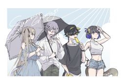 Rule 34 | 2boys, 2girls, arknights, arm up, armpits, baseball cap, black hair, black headwear, blonde hair, blue dress, blue eyes, blue hair, blue shorts, blue sky, blush, bob cut, border, bracelet, breasts, chestnut mouth, cloud, collared shirt, commentary, corroserum (arknights), crop top, denim, denim shorts, dress, english text, eunectes (arknights), fanning self, floral print, flower, food, grey pants, grey shirt, hair flower, hair ornament, hand in pocket, hat, highres, holding, holding food, holding ice cream, holding umbrella, ice cream, ice cream bar, indigo (arknights), jewelry, k0z0t, large breasts, light purple hair, long hair, looking at another, midriff, multiple boys, multiple girls, off-shoulder dress, off shoulder, open mouth, outdoors, pants, ponytail, shading face, shalem (arknights), shirt, short sleeves, shorts, side ponytail, signature, sky, sleeveless, sleeveless shirt, snake boy, snake girl, snake tail, species connection, sun, sunglasses, sweat, swept bangs, tail, umbrella, upper body, very long hair, white shirt, yellow flower
