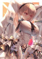 Rule 34 | 1girl, absurdres, azur lane, black bow, black neckwear, black sailor collar, bow, dress bow, breasts, clothing cutout, dress, dress bow, feather dress, flower, formidable (azur lane), formidable (timeless classics) (azur lane), hair ornament, hands in hair, highres, hrsimrak, large breasts, long hair, navel cutout, official alternate costume, platinum blonde hair, red eyes, sailor collar, solo, two-tone dress, two-tone ribbon, veil, very long hair, white dress, white flower