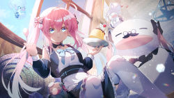 Rule 34 | 1girl, alternate costume, blue eyes, blue sky, blush, choker, cloud, cloudy sky, enmaided, highres, kana ami, kirano sion, liver city, long hair, long sleeves, looking at viewer, maid, pink hair, plate, sky, solo, star (symbol), tray, twintails, virtual youtuber, window