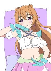 Rule 34 | 1girl, aqua gloves, armpits, blush, border, breasts, brown hair, cleavage, closed mouth, commentary, cropped shirt, gloves, hair horns, hair ornament, hairclip, hashtag-only commentary, highres, konoe kanata, long hair, looking at viewer, love live!, love live! nijigasaki high school idol club, love live! nijigasaki high school idol club kanketsu-hen, medium breasts, midriff, navel, official alternate costume, official alternate hairstyle, outside border, pink skirt, pleated skirt, print skirt, purple background, purple eyes, shirt, skirt, sleeveless, sleeveless shirt, smile, solo, split mouth, star (symbol), star print, tottsan, upper body, white border, white shirt