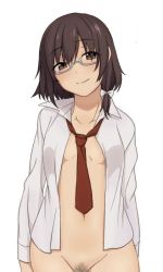 Rule 34 | 1girl, arms at sides, bad id, bad twitter id, bottomless, bow, brown eyes, brown hair, female pubic hair, glasses, groin, hair bow, looking at viewer, navel, necktie, no bra, open clothes, open shirt, pubic hair, shirt, short hair, smile, solo, toujou (toujou ramen), usami renko, white background