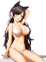 Rule 34 | 1girl, abukobato, animal ears, arm up, atago (azur lane), atago (summer march) (azur lane), azur lane, bikini, black hair, blush, breasts, brown eyes, cleavage, collarbone, flower, hair flower, hair ornament, highres, large breasts, long hair, looking at viewer, mole, mole under eye, navel, parted lips, sitting, skindentation, smile, solo, stomach, swimsuit, very long hair, white bikini