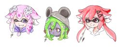 Rule 34 | 3girls, ;), absurdres, animal hood, black choker, choker, collarbone, colored skin, commentary, crossover, d-pad, d-pad hair ornament, english commentary, green hair, grey skin, grin, hair ornament, hairclip, highres, hood, hoodie, inkling, inkling player character, isaki tanaka, linda (neptunia), long hair, looking at viewer, low twintails, mask, mouse hood, multiple girls, neptune (neptunia), neptune (series), nintendo, one eye closed, pink hair, pointy ears, portrait, purple eyes, red eyes, red hair, sharp teeth, short hair, sidelocks, signature, simple background, smile, teeth, tennouboshi uzume, tentacle hair, traditional media, twintails, v-shaped eyebrows, white background, white choker