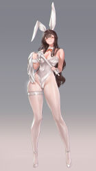 Rule 34 | 1girl, absurdres, axoo, breasts, brown hair, cat o&#039; nine tails, cleavage, detached collar, evil smile, full body, gradient background, high heels, highres, large breasts, leotard, long hair, original, pantyhose, pink eyes, playboy bunny, red ribbon, ribbon, simple background, smile, solo, standing, thigh strap, whip, white footwear, white leotard, white pantyhose, wrist cuffs