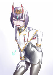 Rule 34 | 1girl, ^jj^, bob cut, capelet, commentary request, cowboy shot, dress, eyeliner, fangs, fate/grand order, fate (series), gloves, gradient background, hand on own hip, headpiece, highres, horns, kidou senkan nadesico, long sleeves, makeup, military uniform, oni, open mouth, pencil dress, purple eyes, purple hair, short hair, shuten douji (fate), skin-covered horns, smile, solo, uniform, white capelet, white gloves