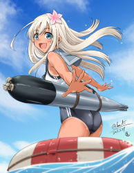 Rule 34 | 10s, 1girl, blonde hair, blue eyes, crop top, flower, gradient background, hair flower, hair ornament, highres, kantai collection, lifebuoy, long hair, one-piece swimsuit, one-piece tan, outstretched arms, ro-500 (kancolle), sailor collar, school swimsuit, solo, spread arms, swim ring, swimsuit, swimsuit under clothes, tan, tanline, torpedo, tsukineko