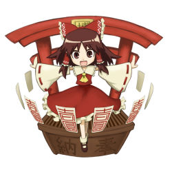 Rule 34 | 1girl, bad id, bad pixiv id, box, brown eyes, brown hair, chibi, detached sleeves, donation box, face, female focus, fisheye, floating, hakurei reimu, japanese clothes, lie-lilac, md5 mismatch, miko, ofuda, open mouth, outstretched arms, short hair, smile, solo, spread arms, torii, touhou