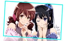 Rule 34 | 2girls, ;), bare shoulders, black hair, blue border, blush, border, braid, brown hair, closed mouth, collarbone, dated, flower, french braid, frills, hair flower, hair ornament, hair scrunchie, hand up, hands on own cheeks, hands on own face, hands up, hibike! euphonium, highres, kousaka reina, long hair, looking at viewer, low twintails, multiple girls, nii manabu, one eye closed, oumae kumiko, ponytail, purple eyes, purple flower, scrunchie, simple background, smile, tareme, twintails, upper body, v, white background, white hair, yellow eyes
