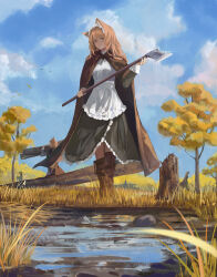 Rule 34 | 1girl, absurdres, animal ear fluff, animal ears, apron, axe, bird, blue sky, brown cape, brown eyes, brown hair, cape, carrying, closed mouth, cloud, commentary request, copyright request, day, dress, full body, glint, green dress, hand up, highres, holding, holding axe, jenmin12, long hair, long sleeves, looking at viewer, maid headdress, outdoors, sky, solo focus, standing, tree, white apron