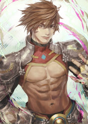 Rule 34 | 1boy, 23/7, abs, armor, blood, brown eyes, brown hair, hand on own hip, hand up, looking at viewer, male focus, muscular, navel, pink blood, solo, standing, suiact, upper body
