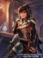 Rule 34 | 1girl, anna (fire emblem), boots, copyright name, cuboon, fire emblem, fire emblem awakening, fire emblem cipher, nintendo, official art, one eye closed, ponytail, red eyes, red hair, solo, thighhighs