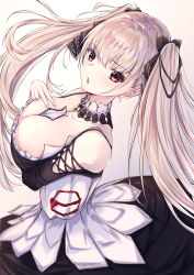 Rule 34 | 1girl, absurdres, arm under breasts, azur lane, bare shoulders, between breasts, black dress, blonde hair, blush, breasts, cleavage, dress, earrings, floating hair, formidable (azur lane), frilled dress, frills, hair ribbon, hand on own chest, highres, jewelry, kei (limitedgirl), large breasts, long hair, long sleeves, looking at viewer, open mouth, red eyes, ribbon, solo, twintails, two-tone dress, two-tone ribbon, very long hair
