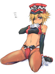 Rule 34 | 1girl, blonde hair, blue eyes, crop top, dated, eyepatch, gloves, hat, midriff, navel, original, pantyhose, short hair, sigama, signature, simple background, sitting, solo, wariza, white background