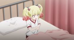 Rule 34 | 1girl, animated, animated gif, anime screenshot, bed, bed sheet, blonde hair, blunt bangs, collarbone, food-themed hair ornament, gradient hair, hair ornament, lowres, medium hair, mieruko-chan, multicolored hair, mushroom hair ornament, nail polish, niguredou julia, pillow, pillow grab, red eyes, scared, sheet grab, shirt, short twintails, sidelocks, solo, sportswear, tears, twintails, white shirt