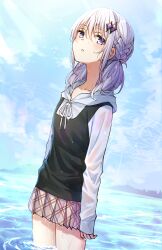 Rule 34 | 1girl, black vest, blue sky, braid, character request, cloud, collarbone, commentary request, day, grey skirt, hair between eyes, hair ornament, highres, hood, hood down, hoodie, houkago sai tensei!, long sleeves, looking at viewer, low twintails, magic circle, outdoors, parted lips, pleated skirt, purple eyes, skirt, sky, sleeves past wrists, solo, somechime (sometime1209), twintails, vest, wet, wet clothes, white hair, white hoodie