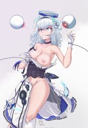 Rule 34 | black choker, breasts, chain, choker, cleavage, covering privates, covering breasts, cum, cum on body, cum on breasts, cum on upper body, dress, floating, floating object, gloves, highres, kamishiro rita, large breasts, one breast out, prism project, surprised, tears, thick thighs, thighs, torn clothes, torn dress, virtual youtuber