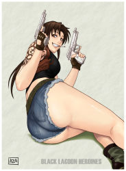 Rule 34 | 1girl, absurdres, arm support, ass, azasuke, belt, black lagoon, boots, breasts, brown eyes, brown hair, cigarette, denim, denim shorts, dual wielding, female focus, fingerless gloves, from behind, gloves, grin, gun, highres, holding, holster, long hair, looking back, lying, on side, revy (black lagoon), short shorts, shorts, smile, solo, tank top, tattoo, weapon