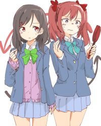Rule 34 | 10s, 2girls, alternate hairstyle, araco, black hair, blazer, blue skirt, cardigan, cowboy shot, frown, grey eyes, hairstyle switch, hand mirror, jacket, love live!, love live! school idol project, mirror, multiple girls, nishikino maki, open clothes, open jacket, pleated skirt, red eyes, red hair, school uniform, simple background, skirt, standing, twintails, wavy mouth, white background, yazawa nico