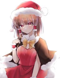 Rule 34 | 1girl, absurdres, black capelet, bow, bowtie, brown eyes, brown hair, capelet, christmas, closed mouth, hakurei kaede, hakurei reimu, hat, highres, looking at viewer, medium hair, red shirt, red skirt, santa hat, shirt, skirt, sleeveless, sleeveless shirt, solo, touhou, wrist cuffs, yellow bow, yellow bowtie