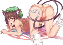 Rule 34 | 1girl, animal ears, ass, bare legs, bent over, brown hair, cameltoe, cat ears, cat girl, cat tail, character name, chen, chinese clothes, earrings, fang, feet, female focus, ginko (nico), hat, heart, heart tail, hoop earrings, jewelry, legs, looking at viewer, looking back, multiple tails, no pants, one eye closed, orange panties, panties, red eyes, short hair, single earring, sleeveless, slit pupils, socks, solo, striped clothes, striped panties, tail, tongue, topless, touhou, transparent background, underwear, white background, white socks, wink