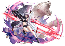 Rule 34 | 1girl, animal ears, arknights, arm up, arrow (projectile), bag, bare legs, bare shoulders, black footwear, black gloves, black hair, black scarf, black shorts, bow (weapon), breasts, coat, crop top, crossbow, duffel bag, eternity (pixiv8012826), fingerless gloves, floating hair, full body, gloves, gradient hair, hair over one eye, highres, holding, holding crossbow, holding weapon, large breasts, leg up, long hair, midriff, multicolored hair, navel, open clothes, open coat, ponytail, quiver, scarf, schwarz (arknights), shoes, short shorts, shorts, silver hair, simple background, solo, stomach, very long hair, weapon, white background, white coat, yellow eyes