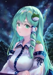 Rule 34 | 1girl, animal, animal on shoulder, commentary, crossed arms, detached sleeves, frog, frog hair ornament, green eyes, green hair, hair ornament, hair tubes, highres, kochiya sanae, light blush, long hair, looking at viewer, mountain, narutakaya, night, night sky, open mouth, single hair tube, sky, snake hair ornament, solo, star (sky), touhou