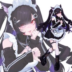 Rule 34 | 1girl, :d, alternate costume, animal ear fluff, animal ears, apron, asymmetrical legwear, bandaid, bandaid on face, bandaid on nose, belt, black belt, black dress, black footwear, black hair, black nails, blood, blood on face, blunt bangs, blush, bomb hair ornament, boots, cat ears, chain, chain necklace, cleavage cutout, clothing cutout, colored inner hair, commentary request, cross, cross-laced footwear, cross necklace, detached sleeves, dress, drill hair, enmaided, eyes visible through hair, facial mark, frilled dress, frills, frown, full body, garter straps, hair ornament, hand on own cheek, hand on own face, hands up, heart, heart facial mark, heart hair ornament, hexagon, hexagon hair ornament, highres, jewelry, kneehighs, knife hair ornament, leg belt, legwear garter, long hair, looking at viewer, maid, maid apron, maid headdress, mitsurugi lia, multicolored hair, multiple belts, nail polish, name tag, necklace, o-ring, official art, open mouth, platform footwear, purple hair, rakugaki suruhito, red eyes, red nails, second-party source, single kneehigh, single sock, single thighhigh, sleeveless, sleeveless dress, slit pupils, smile, socks, solo, spikes, standing, thigh belt, thigh strap, thighhighs, thumbs down, turtleneck, turtleneck dress, twin drills, twintails, two side up, unconventional maid, uneven legwear, virtual youtuber, wactor production, white apron, white background, white socks, white thighhighs, zipper, zipper pull tab, zoom layer