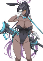 Rule 34 | 1girl, animal ears, anti-materiel rifle, aqua bow, aqua bowtie, bare legs, black hair, black leotard, blue archive, blush, bolt action, bow, bowtie, boys anti-tank rifle, breasts, closed mouth, commentary request, curvy, dark-skinned female, dark skin, detached collar, fake animal ears, gloves, gun, halo, highleg, highleg leotard, karin (blue archive), karin (bunny) (blue archive), kikunosukemaru, large breasts, leotard, long hair, looking at viewer, multicolored hair, official alternate costume, over shoulder, pantyhose, playboy bunny, ponytail, purple hair, rabbit ears, ribbon, rifle, simple background, sniper rifle, solo, sweat, thong leotard, traditional bowtie, very long hair, weapon, weapon over shoulder, white background, white gloves, wide hips, wrist cuffs, yellow eyes
