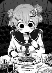 Rule 34 | 1girl, 4shi, ant, bad food, bags under eyes, biting, black eyes, blood, blush, bug, butterfly, centipede, chair, cockroach, collarbone, dango-chan (4shi), dark, darkness, dirty, double bun, drooling, eating, empty eyes, food, food bite, fork, glass, grasshopper, greyscale, hair between eyes, hair bun, hair ornament, hatching (texture), highres, holding, holding fork, holding spoon, hollow eyes, hollow mouth, horror (theme), insect, knife, liquid, long sleeves, looking down, monochrome, moth, neckerchief, open mouth, original, plate, sailor collar, school uniform, serafuku, shirt, short hair, sitting, solid circle pupils, solo, spider, spoon, table, upper body, worm