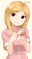 Rule 34 | 1girl, blonde hair, breasts, buttons, cardigan, chewing, chikuwa, chopsticks, closed mouth, dated, dot nose, eating, eyelashes, food, highres, holding, holding chopsticks, idolmaster, idolmaster million live!, jewelry, long hair, looking to the side, momose rio, nagian, necklace, orange eyes, pink cardigan, shirt, short sleeves, simple background, small breasts, smile, solo, swept bangs, upper body, white shirt, wing collar, yellow background