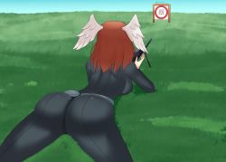 Rule 34 | 1girl, absurdres, ass, bodysuit, breasts, brown hair, cameo, eunie (xenoblade), from behind, gun, head wings, highres, huge ass, large breasts, long hair, lying, nia (xenoblade), on stomach, rifle, shiny clothes, skin tight, sniper rifle, solo, target, tiredtorto, weapon, wings, xenoblade chronicles (series), xenoblade chronicles 3