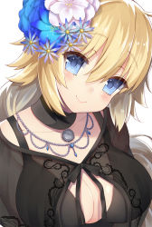 Rule 34 | 1girl, arms at sides, bad id, bad pixiv id, blue eyes, blue flower, blush, breasts, brooch, c:, cleavage, closed mouth, collarbone, fate/stay night, fate (series), flower, hair between eyes, hair down, hair flower, hair ornament, head tilt, jeanne d&#039;arc (fate), jeanne d&#039;arc (formal dress) (fate), jeanne d&#039;arc (ruler) (fate), jewelry, large breasts, long hair, looking at viewer, necklace, simple background, smile, solo, upper body, white background, white flower, yuzu-aki