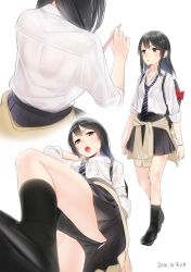 Rule 34 | 10s, 1girl, 2016, ama mitsuki, ass, back, bag, black bra, black hair, black legwear, black panties, black skirt, blush, bra, brown eyes, clothes around waist, commentary, dated, from below, full body, hair ornament, hairclip, kantai collection, loafers, long hair, looking at viewer, multiple views, necktie, open mouth, oyashio (kancolle), panties, pantyshot, pen, pleated skirt, school bag, school uniform, see-through, shirt, shoes, simple background, skirt, sleeves rolled up, socks, standing, striped necktie, striped neckwear, sweater, sweater around waist, underwear, white background, white shirt
