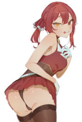 Rule 34 | 1girl, :p, armpits, ass, bare shoulders, black thighhighs, breasts, gloves, heterochromia, highres, hololive, houshou marine, kurokiri6630, leotard, looking at viewer, pleated skirt, red eyes, red hair, simple background, skirt, sleeveless, smile, solo, thighhighs, tongue, tongue out, twintails, virtual youtuber, white background, white gloves, yellow eyes