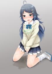 Rule 34 | 1girl, ahoge, aqua eyes, between legs, blue bow, blue bowtie, blue footwear, blue hair, blue skirt, blush, bow, bowtie, breasts, clothes writing, embarrassed, english text, female focus, full body, gokiburi no dashi, gradient background, grey background, hair ornament, hairclip, half-closed eyes, hand between legs, have to pee, highres, inohara koboshi, kneeling, long hair, long sleeves, loose socks, miniskirt, nose blush, ongeki, open mouth, own hands together, peeing, peeing self, pleated skirt, puddle, saliva, school uniform, shirt, shoes, simple background, skirt, small breasts, socks, solo, sweat, sweater, tears, v arms, wet, wet clothes, white shirt, white socks, yellow sweater