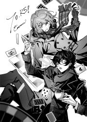 Rule 34 | 2boys, ;o, ace (playing card), ace of hearts, akechi gorou, amamiya ren, artist name, belt, card, catrom nya, chess piece, chessboard, chinese commentary, coat, commentary request, cup, dart, dartboard, falling, five of diamonds, glasses, gloves, greyscale, hand on another&#039;s shoulder, hand up, heart, highres, holding, holding chess piece, holding cup, holding dart, joker (playing card), long sleeves, looking at another, male focus, monochrome, multiple boys, one eye closed, open mouth, pants, persona, persona 5, persona 5 the royal, plaid, plaid scarf, playing card, scarf, short hair, simple background, sweat, sweater, teacup, v-shaped eyebrows
