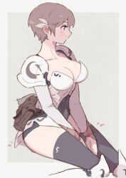 Rule 34 | 1girl, armor, armored boots, blue eyes, boots, border, breasts, cleavage, cross scar, earrings, fantasy, grey background, grey hair, hair ornament, hands on lap, highres, jewelry, large breasts, mixed-language commentary, original, outside border, pouch, profile, scar, scar on breasts, short hair, shoulder armor, sitting, solo, strapless, thighhighs, thighs, tsukudani yosuke, white border