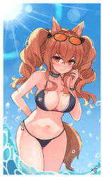 Rule 34 | 1girl, absurdres, angelina (arknights), animal ears, arknights, arm behind back, bad id, bad pixiv id, bikini, black bikini, black choker, blue sky, blush, breasts, brown hair, choker, commentary, cowboy shot, day, eyewear on head, fox ears, fox tail, hair between eyes, highres, infection monitor (arknights), large breasts, long hair, looking at viewer, navel, outdoors, purerin, red eyes, side-tie bikini bottom, sky, smile, solo, standing, stomach, sun, sunglasses, swimsuit, tail, thighs, twintails, wading, water