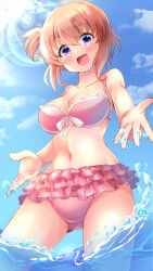 Rule 34 | 1girl, :d, alternate costume, aru (arudes), bare arms, bikini, blue sky, blush, breasts, cleavage, collarbone, commentary, cowboy shot, curvy, day, eyes visible through hair, frilled bikini, frills, from below, front-tie bikini top, front-tie top, gluteal fold, gochuumon wa usagi desu ka?, hair between eyes, halterneck, happy, highres, hoto cocoa, large breasts, looking at viewer, looking down, navel, one side up, open hands, open mouth, orange hair, outdoors, pink bikini, purple eyes, short hair, sky, smile, solo, splashing, standing, sunlight, swimsuit, wading, water, water drop
