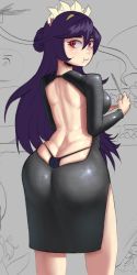 Rule 34 | 1girl, ass, backless dress, backless outfit, bare back, black hair, breasts, butt crack, dress, filia (skullgirls), from behind, huge breasts, large breasts, long hair, looking back, puffy cheeks, red eyes, red hair, shoulder blades, sketch, skullgirls, solo, thong, tillshitposting, whale tail (clothing)