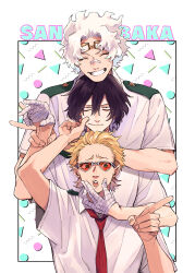 Rule 34 | 3boys, bags under eyes, bandaged hand, bandages, bandaid, bandaid on face, bandaid on nose, black hair, blonde hair, boku no hero academia, cheek pull, closed eyes, closed mouth, eraser head (boku no hero academia), goggles, goggles on head, grin, hair between eyes, hand on another&#039;s face, highres, looking at viewer, loud cloud, male focus, multiple boys, necktie, open mouth, orange-tinted eyewear, pointing, present mic, red necktie, rnuyvm, shirt, short hair, short sleeves, smile, tinted eyewear, white hair, white shirt