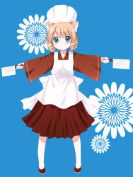 Rule 34 | 1girl, animal ears, apron, aqua hair, blonde hair, chef hat, cleaver, drill hair, dual wielding, hat, holding, namori, original, outstretched arms, short hair, simple background, solo, spread arms, twin drills, twintails