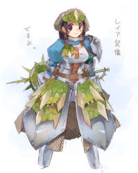 Rule 34 | 1girl, armor, armored boots, belt, boots, braid, buckle, capcom, cropped legs, looking at viewer, momiji mao, monster hunter (series), purple eyes, rathian (armor), sheath, sheathed, simple background, single braid, solo, spikes, thigh boots, thighhighs, uniform, vambraces, white background