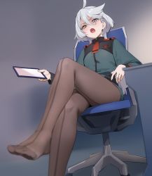 Rule 34 | 1girl, ahoge, asticassia school uniform, asymmetrical bangs, blurry, blurry foreground, blush, brown pantyhose, chair, commentary request, crossed legs, desk, dress, epaulettes, eyelashes, feet, foot out of frame, foreshortening, green dress, grey background, grey eyes, grey hair, gundam, gundam suisei no majo, hair between eyes, highres, holding, leaning back, legs, long hair, miorine rembran, no shoes, open mouth, pantyhose, school uniform, short dress, sitting, solo, swept bangs, tablet pc, toes, uniform, yd (orange maru)