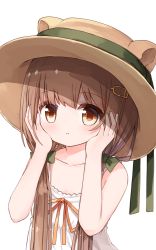 Rule 34 | 1girl, :i, animal ears, animal hat, bare arms, bare shoulders, blush, bow, brown eyes, brown hair, brown hat, closed mouth, dress, fake animal ears, green bow, green ribbon, hair bow, hands in pockets, hands on own cheeks, hands on own face, hat, hat ribbon, long hair, low twintails, orange ribbon, original, ribbon, simple background, sleeveless, sleeveless dress, solo, squirrel ears, squirrel girl (yuuhagi (amaretto-no-natsu)), twintails, upper body, white background, white dress, yuuhagi (amaretto-no-natsu)