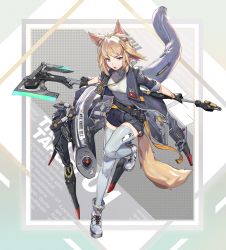 Rule 34 | 1girl, absurdres, ahoge, animal ears, axe, belt, black gloves, black jacket, blonde hair, fang, fox ears, fox tail, gloves, grey thighhighs, highres, holding, holding axe, holding weapon, jacket, jewelry, lower teeth only, mecha, necklace, open mouth, original, purple eyes, robot, shoes, short shorts, shorts, sleeve rolled up, sneakers, solo, tail, teeth, thighhighs, urorong, weapon
